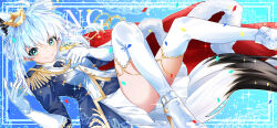 1girl ahoge aiguillette animal_ears aqua_eyes blue_background blue_jacket braid cape closed_mouth crown elbow_gloves epaulettes floating fox_ears fox_girl fox_tail fur-trimmed_cape fur_trim gloves gold_crown gold_trim highres hiyashinssu hololive jacket knees_up long_hair looking_at_viewer military_jacket miniskirt official_alternate_costume pointed_crown reclining red_cape shirakami_fubuki shirakami_fubuki_(fbkingdom) side_braid skirt smile solo tail thighhighs virtual_youtuber watermark white_gloves white_hair white_skirt white_thighhighs