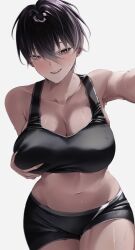 1girl absurdres black_hair black_shorts blush breasts cleavage collarbone commentary dark-skinned_female dark_skin earrings english_commentary foreshortening grabbing_own_breast highres jewelry large_breasts mole mole_under_eye open_mouth original short_hair short_shorts shorts simple_background smile solo sports_bra stud_earrings sweat teeth tomboy ulularts upper_teeth_only white_background