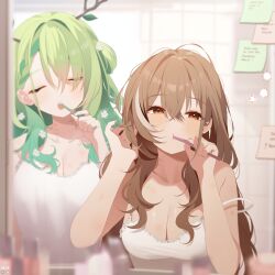 2girls alternate_costume antlers braid braided_bangs breasts brown_eyes brown_hair brushing_teeth camisole ceres_fauna cleavage closed_eyes commentary deyui english_commentary flower green_hair hair_flower hair_ornament highres holding holding_toothbrush hololive hololive_english horns large_breasts long_hair multicolored_hair multiple_girls nanashi_mumei spaghetti_strap squeans strap_slip streaked_hair toothbrush virtual_youtuber white_camisole white_hair