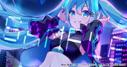 1girl arms_up asagao_minoru black_jacket blue_eyes blue_hair blush breasts building city clothing_cutout commentary_request crop_top cyberpunk grin hair_between_eyes hair_ribbon hatsune_miku hatsune_miku_logic_paint_s jacket long_hair long_sleeves looking_at_viewer navel night night_sky official_alternate_costume official_art open_clothes open_jacket ribbon sample_watermark sky smile solo twintails underboob underboob_cutout upper_body vocaloid watermark zipper