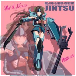 Rule 34 | 1girl, armor, black neckerchief, bow, brown eyes, brown hair, character name, commentary request, cosplay, forehead protector, full body, gouf custom, gouf custom (cosplay), green bow, gun, gundam, gundam 08th ms team, hair bow, jintsuu (kancolle), jintsuu kai ni (kancolle), kantai collection, leotard, long hair, looking at viewer, moke ro, neckerchief, orange leotard, pink background, shield, solo, translation request, upper body, weapon, zoom layer