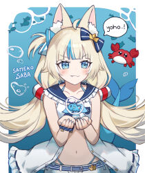 1girl air_bubble animal_ear_fluff animal_ears blonde_hair blue_eyes blue_streaks bow bubble cat_ears crab fins fish fish_tail hair_bow highres indie_virtual_youtuber lifebuoy_hair_ornament long_hair low_twintails navel sameko_saba solo tail twintails virtual_youtuber ying_haram