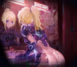 1girl absurdres artist_name ass blonde_hair blood blood_on_face blue_eyes bodysuit breasts chinese_commentary commentary_request cowboy_shot hair_between_eyes high_ponytail highres leaning_forward long_hair medium_breasts mirror nova_(starcraft) ponytail qingjiaokuaigengxin reflection sink solo starcraft tile_wall tiles