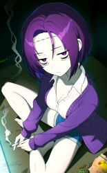 1girl artist_name blue_shorts breasts cigarette cleavage closed_mouth collared_shirt commentary english_commentary from_above frown highres holding holding_cigarette indoors jessi_waters large_breasts looking_at_viewer purple_eyes purple_hair purple_pupils purple_sweater revenantart sanpaku schedule_1 shirt short_hair shorts signature sitting sleeves_past_wrists smoke solo sweater white_shirt