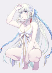1girl absurdres aesc_(fate) bare_shoulders barefoot blue_eyes blush braid breasts fate/grand_order fate_(series) flower food hair_flower hair_ornament highres ice_cream large_breasts long_hair looking_at_viewer morgan_le_fay_(fate) morgan_le_fay_(water_princess)_(fate) mouth_hold natu_zame revealing_clothes solo squatting thighs white_hair