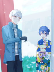 1boy 1girl alternate_costume black_gloves black_pants blue_eyes blue_hair blue_jacket blue_kimono blush commentary_request floral_print floral_print_kimono gloves grey_eyes grey_hair hair_between_eyes height_difference highres jacket japanese_clothes kimono konpekisan long_sleeves looking_at_another narukami_yu obi open_clothes open_jacket pants persona persona_4 print_kimono sash shirogane_naoto short_hair sweatdrop yukata
