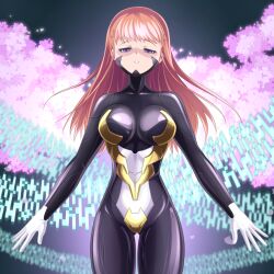 Rule 34 | 1girl, black bodysuit, bodysuit, breasts, brown hair, cherry blossoms, corruption, cosplay, cowboy shot, dark persona, digimon, digimon tamers, k0n0n, large breasts, long hair, makino ruki, sakuyamon, sakuyamon (cosplay), solo