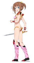 1girl ^^^ alternate_costume armor ass bikini_armor blue_eyes breasts brown_hair butt_crack commentary_request flying_sweatdrops full_body high_school_fleet highres hiraizumi_(mugenkidousha) holding holding_sword holding_weapon looking_at_viewer misaki_akeno non-web_source open_mouth short_hair simple_background small_breasts solo sweatdrop sword twintails wardrobe_malfunction weapon white_background