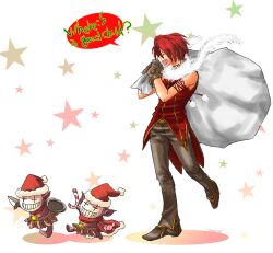 1boy brown_gloves brown_pants brown_shoes candy candy_cane christmas closed_eyes commentary_request creature dagger food full_body gloves goblin_(ragnarok_online) goblin_mask hat holding holding_dagger holding_knife holding_sack holding_weapon knife makishi_yaichi male_focus open_mouth pants pointy_ears ragnarok_online red_hair red_hat red_shirt sack santa_hat shirt shoes short_hair sleeveless sleeveless_shirt smile solo star_(symbol) walking weapon white_background wizard_(ragnarok_online)