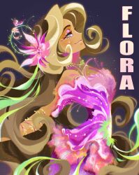 1girl absurdly_long_hair bare_shoulders bodysuit brown_hair character_name closed_mouth cowboy_shot dark-skinned_female dark_skin eyeshadow floating_hair flora_(winx_club) flower flower_clothes from_side green_eyes grey_background hair_flower hair_ornament half-closed_eyes halftone halftone_background happy heart heart-shaped_pupils highres libbly_libby light_particles lipstick long_hair looking_at_viewer magic magical_girl makeup outstretched_arm pink_bodysuit pink_eyeshadow pink_flower pink_lips plant smile solo strapless_bodysuit symbol-shaped_pupils very_long_hair vines winx_club