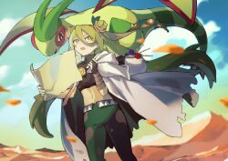 1girl 1other absurdres bridal_gauntlets cloak double_bun dragon dragon_horns dragon_tail flygon gen_3_pokemon gloves gngttd6 great_ball green_hair green_pants ground_miku_(project_voltage) hair_between_eyes hair_bun hair_ornament hatsune_miku highres holding holding_map horns long_hair looking_at_another looking_at_viewer map midriff navel nintendo official_alternate_costume official_alternate_hairstyle open_mouth orange_eyes pants poke_ball pokemon project_voltage single_glove smile tail twintails very_long_hair vocaloid white_cloak white_gloves