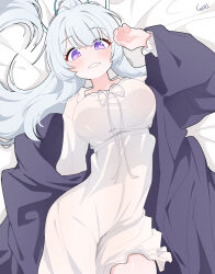 1girl absurdres artist_name blue_archive blue_robe blush breasts choi1 commentary dress grey_hair highres looking_at_viewer lying medium_breasts noa_(blue_archive) noa_(pajamas)_(blue_archive) official_alternate_costume on_back purple_eyes robe solo white_dress