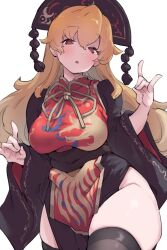 Rule 34 | 1girl, black thighhighs, blonde hair, breasts, brown eyes, chinese clothes, crescent, dalachi (headdress), double fox shadow puppet, dress, fox shadow puppet, hair between eyes, hat, highres, itatatata, junko (touhou), junko day, large breasts, long hair, long sleeves, looking at viewer, open mouth, pom pom (clothes), red tabard, simple background, solo, tabard, thick thighs, thighhighs, thighs, touhou, white background, wide sleeves