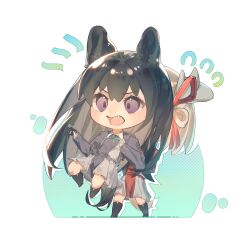 2girls absurdres animal_ears black_hair black_socks blonde_hair blue_dress chibi commentary dkl_(dinosaurkl2) dog_ears dog_girl dog_tail dress fang grey_dress gun hair_ribbon handgun highres holding holding_gun holding_weapon inoue_takina kemonomimi_mode kneehighs long_hair lycoris_recoil lycoris_uniform multiple_girls nishikigi_chisato one_side_up open_mouth pleated_dress purple_eyes red_dress red_ribbon ribbon short_hair socks tail two-tone_dress weapon white_background