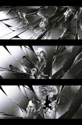 2girls absurdres bow broken_glass broken_mirror bug butterfly clone different_reflection glass glass_shards glasses greyscale hair_bow highres holding holding_lantern insect isolde_(reverse:1999) jacket kakania_(reverse:1999) lantern long_skirt low_ponytail mirror monochrome multiple_girls picture_hat ponytail profile reflection reverse:1999 shoes skirt volcanoyyy walking watermark