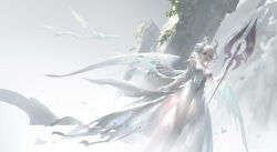 1girl absurdres axe breasts cleavage demon_girl demon_horns demon_wings dress duel_monster gloves highres holding holding_axe holding_polearm holding_weapon horns large_breasts leo-dont-want-to-be-a-painter lovely_labrynth_of_the_silver_castle outdoors pointy_ears polearm smile solo twintails weapon white_hair white_theme wings yu-gi-oh!