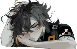 1boy black_hair blue_hair blush closed_mouth co6_3g crossed_bangs earrings genshin_impact green_eyes hair_between_eyes hand_on_own_head highres jewelry kinich_(genshin_impact) looking_at_viewer lower_eyelashes_only male_focus multicolored_eyes multicolored_hair orange_hair short_sleeves simple_background solo upper_body white_background