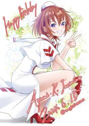 1girl aogirism aria_(manga) ayumi_k_jasmine bare_legs blue_eyes blush brown_hair character_name dated dress earrings floral_background full_body gloves hand_up high_heels himeya_company_uniform jewelry legs medium_hair red_footwear red_gloves sailor_collar shadow short_sleeves side_slit sidelocks single_glove smile solo teeth thighs v white_background white_dress