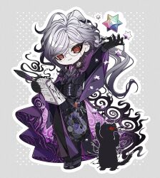 Rule 34 | 1boy, absurdres, animal print, animalization, arm up, black corset, black gloves, black hair, black kimono, black shoes, cat, cat print, commentary, corset, cross-shaped pupils, curly hair, deformed, edmond dantes (fate), eyewear strap, fate/grand order, fate (series), feather nib pen, full body, glasses, glint, gloves, gradient hair, grey background, grey hair, grin, hana soretsu, haori, highres, japanese clothes, key, keyring, kimono, long hair, long sleeves, looking at viewer, male focus, multicolored hair, nib pen (object), official alternate costume, omamori, outline, paper stack, pen, person and animalization, polka dot, polka dot background, ponytail, print kimono, purple hair, purple haori, red eyes, round eyewear, saint quartz (fate), shoes, simple background, smile, solo, standing, symbol-only commentary, symbol-shaped pupils, the count of monte cristo (fate), the count of monte cristo (exhibition attire) (fate), white outline, wide sleeves