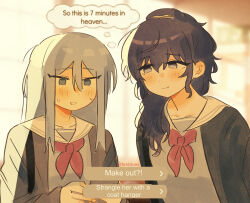 2girls :d asahina_mafuyu blush breittons commentary english_commentary english_text grey_hair grey_serafuku highres long_hair looking_at_another looking_down meme miyamasuzaka_girls&#039;_academy_school_uniform multiple_girls neckerchief open_mouth ponytail project_sekai purple_hair red_neckerchief school_uniform serafuku sidelocks smile speech_bubble sweat thought_bubble twitter_username upper_body utakata_ni_idakarete_(project_sekai) yoisaki_kanade yuri