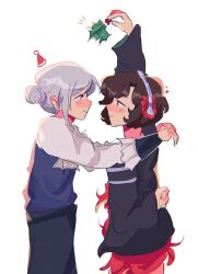 2girls arms_around_neck black_jacket blue_vest blush brown_hair closed_mouth commentary dress english_commentary eye_contact from_side grey_hair hair_bun hat headdress heart highres holding_holly holly jacket long_sleeves looking_at_another multiple_girls red_dress reverse:1999 roseiid santa_hat schneider_(reverse:1999) shirt short_hair simple_background smile vertin_(reverse:1999) vest white_background white_shirt yuri