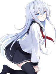 1girl anchor_print black_sailor_collar black_skirt black_thighhighs blue_eyes blue_hair blush commentary from_side full_body hair_between_eyes hibiki_(kancolle) highres kantai_collection kneeling long_hair long_sidelocks long_sleeves looking_at_viewer neckerchief parted_lips pleated_skirt red_neckerchief sailor_collar shikuro_(iorimiyakiyo) shirt sidelocks simple_background skirt solo thighhighs turning_head very_long_hair white_background white_shirt zettai_ryouiki