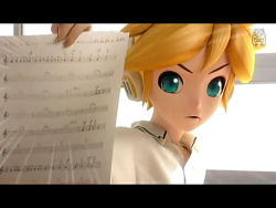 1boy 3d beamed_quavers blonde_hair emphasis_lines kagamine_len letterboxed male_focus music musical_note paper project_diva project_diva_(series) quaver quaver_rest sheet_music solo treble_clef vocaloid