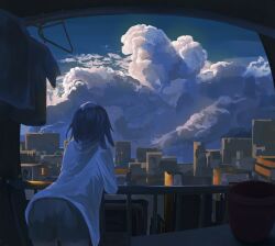 Rule 34 | 1girl, absurdres, balcony, cityscape, clothes hanger, cloud, cloudy sky, commentary request, cumulonimbus cloud, facing away, flower pot, from behind, grey shorts, highres, jacket, kani etizen03, medium hair, original, shorts, sky, solo, white jacket