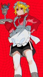 1girl absurdres alternate_costume anger_vein apron black_shorts blonde_hair closed_mouth don_quixote_(project_moon) food hamelon310 highres holding holding_tray ice_cream jacket limbus_company looking_at_viewer maid_apron maid_headdress parted_bangs project_moon red_background red_eyes red_jacket sancho_(project_moon) short_hair shorts simple_background solo standing tray upper_body white_apron