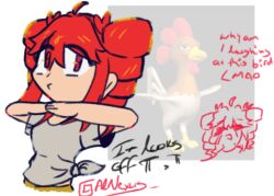 1girl alnexus birdbrain_(synthesizer_v) breasts chibi chibi_inset drill_hair grey_skirt hands_up kasane_teto red_eyes short_hair short_sleeves sidelocks simple_background skirt solo twin_drills twitter_username utau white_background