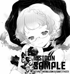 1girl artist_name bandaid bandaid_on_cheek bandaid_on_face bare_shoulders blunt_bangs bow braid bug butterfly chinese_commentary closed_mouth collarbone commentary_request commission detached_hood dot_nose elf eyelashes floating_clothes floating_hair flower freckles greyscale hair_bow hair_through_hood happy hellos holding holding_jar hood hood_up insect jacket jacket_partially_removed jar knee_up light_particles long_hair long_sleeves looking_at_viewer low_twin_braids monochrome multiple_braids open_clothes open_jacket original pointy_ears rose sample_watermark simple_background smile solo tank_top tassel thick_eyebrows twin_braids upper_body watermark weibo_watermark white_background