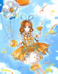 Rule 34 | 1girl, ball, balloon trip (infinity nikki), blue hairband, blue ribbon, blue sky, blunt bangs, bow, bow legwear, braid, brown eyes, brown hair, bubble skirt, buttons, center frills, chinese commentary, closed mouth, cloud, commentary request, confetti, day, detached sleeves, dot nose, dress, dress bow, eyelashes, feet out of frame, floating, flower, flower balloon, frilled sleeves, frilled socks, frills, hair flower, hair ornament, hair ribbon, hairband, hand up, happy, highres, holding, holding ball, infinity nikki, jintianshigehaotianqine, large ribbon, layered dress, light blush, long sleeves, looking at viewer, loose hair strand, low twin braids, miniskirt, multicolored bow, multicolored buttons, neck ribbon, nikki (series), open mouth, orange bow, orange dress, orange flower, orange ribbon, outdoors, outline, over-kneehighs, pom pom (clothes), rainbow print, ribbon, short dress, skirt, sky, sleeves past wrists, smile, socks, solo, tareme, thighhighs, torn clothes, torn dress, twin braids, white dress, white outline, white sleeves, white socks, yellow flower