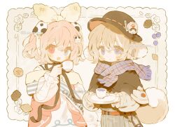 2girls animal_ears blue_eyes brown_hair cookie cup food hair_between_eyes hair_ornament hat heterochromia highres holding holding_cup long_sleeves memuro multiple_girls original pink_hair plaid_clothes plate red_eyes scarf short_hair skirt striped_clothes