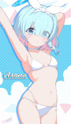 1girl absurdres arm_behind_head arm_up armpits arona_(blue_archive) bikini blue_archive blue_eyes blue_hair blue_halo bow_hairband braid breasts choker colored_inner_hair commentary cowboy_shot dated_commentary eyes_visible_through_hair hair_over_one_eye hairband halo highres looking_at_viewer multi-strapped_bikini_bottom multicolored_hair pink_hair short_hair single_braid small_breasts solo swimsuit unishaho white_bikini white_choker white_hairband