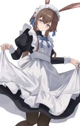 1girl :d absurdres alternate_costume amiya_(arknights) animal_ears apron arknights black_dress blue_bow blue_bowtie blue_eyes blush bow bowtie brown_hair brown_pantyhose commentary cowboy_shot dress enmaided fingernails frilled_apron frills grin hair_between_eyes highres jewelry juliet_sleeves long_hair long_sleeves looking_at_viewer maid maid_apron maid_headdress multiple_rings open_mouth pantyhose puffy_sleeves remapack77 ring sidelocks simple_background skirt_hold smile solo standing turtleneck turtleneck_dress white_apron white_background