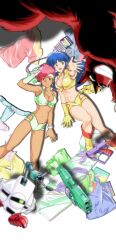 1980s_(style) 2girls :d absurdres bangle blue_eyes blue_hair boots bracelet breasts cleavage commentary_request crop_top dark-skinned_female dark_skin dirty_pair dokite_tsukasa drone gloves green_gloves green_headband green_shorts headband high_heel_boots high_heels highres jewelry kei_(dirty_pair) long_hair looking_at_viewer lying midriff multiple_girls official_art oldschool on_back open_mouth outstretched_arm panties piercing pink_panties red_eyes red_hair retro_artstyle shadow short_hair shorts single_glove smile teeth thighs underwear unworn_panties upper_teeth_only yellow_boots yellow_shorts yuri_(dirty_pair)