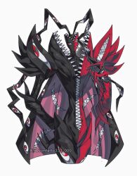 abbadomon abbadomon_core black_skin colored_skin confeito000_333 cowboy_shot digimon digimon_(creature) extra_eyes extra_mouth highres multicolored_skin red_eyes red_skin sharp_teeth simple_background teeth two-tone_skin white_background