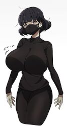 1girl absurdres black_hair black_skirt black_sweater blunt_bangs breasts goumonsha highres huge_breasts kurokirishima_yui_(goumonsha) long_skirt long_sleeves mask mouth_mask original purple_eyes short_hair simple_background skirt sweater white_background
