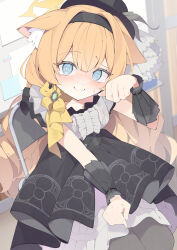 1girl @_@ absurdres animal_ear_fluff animal_ears applepie_1201 black_dress black_headband black_pantyhose blue_archive blue_eyes blush breasts buttons dress earrings embarrassed flower frilled_dress frills halo hat hat_feather hat_flower headband highres idol idol_clothes jewelry mari_(blue_archive) mari_(idol)_(blue_archive) medium_breasts official_alternate_costume official_alternate_hairstyle on_chair orange_hair pantyhose ribbon sitting sleeveless solo sweatdrop top_hat twintails yellow_flower yellow_halo yellow_ribbon