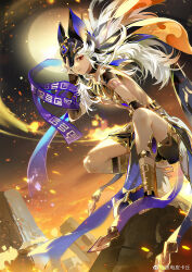 1boy ancient_egyptian_clothes animal_ear_headwear animal_ears armored_boots belt black_arm_warmers black_belt black_shirt black_shorts boots closed_mouth colored_eyelashes cyno_(genshin_impact) dog_ears embers expressionless eyelashes fake_animal_ears floating_hair full_body full_moon genshin_impact gold_boots hand_on_headwear helmet highres leg_belt male_focus midriff moon one_eye_covered outdoors pillar red_eyes shirt shorts sidelocks solo squatting tan twilight usekh_collar ye_dian_pikaqiu