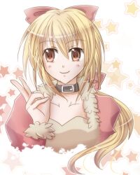 Rule 34 | 1girl, belt, belt collar, black belt, blonde hair, blush, bow, brown eyes, brown shirt, closed mouth, coat, collar, commentary request, dated commentary, fur-trimmed coat, fur trim, hair bow, long hair, looking afar, looking to the side, ragnarok online, red bow, red coat, rogue (ragnarok online), sharari, shirt, smile, solo, star (symbol), star symbol background, upper body, v, white background