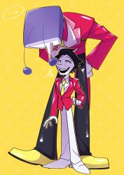 2boys ant_tenna black_hair black_pants collared_shirt crt deltarune full_body gloves height_difference highres jacket leaning_forward male_focus multiple_boys necktie object_head pants pointy_nose red_jacket rererenore_i shirt shoes short_hair small_sweatdrop smile spamton_g._spamton standing tailcoat teeth upper_teeth_only white_gloves white_pants white_shirt white_shoes yellow_background yellow_necktie