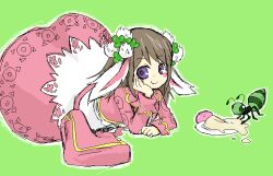 Rule 34 | 1girl, animal ears, ant, belt, brown hair, bug, closed mouth, clover hair ornament, commentary request, doroidsan, floppy ears, full body, green background, hair ornament, hand on own cheek, hand on own face, insect, jacket, looking at viewer, lying, medium hair, merchant (ragnarok online), oekaki, on stomach, piere (ragnarok online), pink belt, pink jacket, pink skirt, poring, purple eyes, rabbit ears, rabbit girl, ragnarok online, shirt, simple background, skirt, smile, solo, white shirt