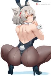 1girl animal_ear_fluff animal_ears ass bare_shoulders black_leotard black_pantyhose blush cat_ears cat_girl fake_animal_ears fake_tail female_focus grey_hair high_heels highres leotard looking_at_viewer looking_back mio_(xenoblade) open_mouth pantyhose patreon_username playboy_bunny rabbit_ears rabbit_tail shadow solo spread_legs squatting tail white_background white_wrist_cuffs wrist_cuffs xenoblade_chronicles_(series) xenoblade_chronicles_3 yellow_eyes zelc-face