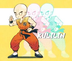 Rule 34 | 1boy, afterimage, bald, bald male, black eyes, dragon ball, fighting stance, highres, kuririn, martial arts, muscular, muscular male, solo