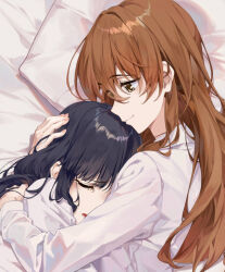 2girls bed_sheet black_hair brown_hair cheese_kang crying hair_between_eyes hug long_hair multiple_girls mutual_hug ogiso_setsuna on_bed shirt smile touma_kazusa upper_body white_album_(series) white_album_2 white_shirt
