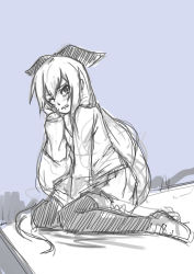 Rule 34 | 1girl, 4chan, bow, domestic violence, female focus, hair bow, highres, kneeling, kowai tsuriko, long hair, monochrome, non-web source, pas (paxiti), school uniform, sketch, solo, tears, the great troll-sama, thighhighs, unfinished