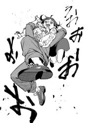 100387l 2girls @_@ arms_up commentary_request falling floating_hair frilled_shirt frills fukurai_azami full_body greyscale highres jumpsuit long_sleeves monochrome multiple_girls nervous nervous_sweating open_mouth puffy_long_sleeves puffy_sleeves screaming shirt shoe_soles shoes short_hair skirt smile sneakers sweat tomarigi_yasumi toshi_densetsu_kaitai_center translation_request white_background