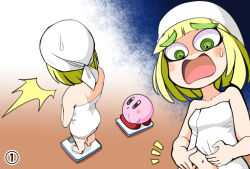 1girl arms_(game) bandana blonde_hair furumoto_yuuya green_eyes kirby kirby_(series) min_min_(arms) nintendo open_mouth ringed_eyes short_hair surprised sweatdrop towel weighing_scale