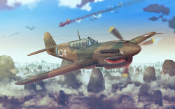 aircraft airplane cloud commission damaged earasensha flying ki-43_hayabusa military military_vehicle mountainous_horizon original p-40_warhawk pilot propeller propeller_fighter scenery skeb_commission sky smoke vehicle_focus world_war_ii